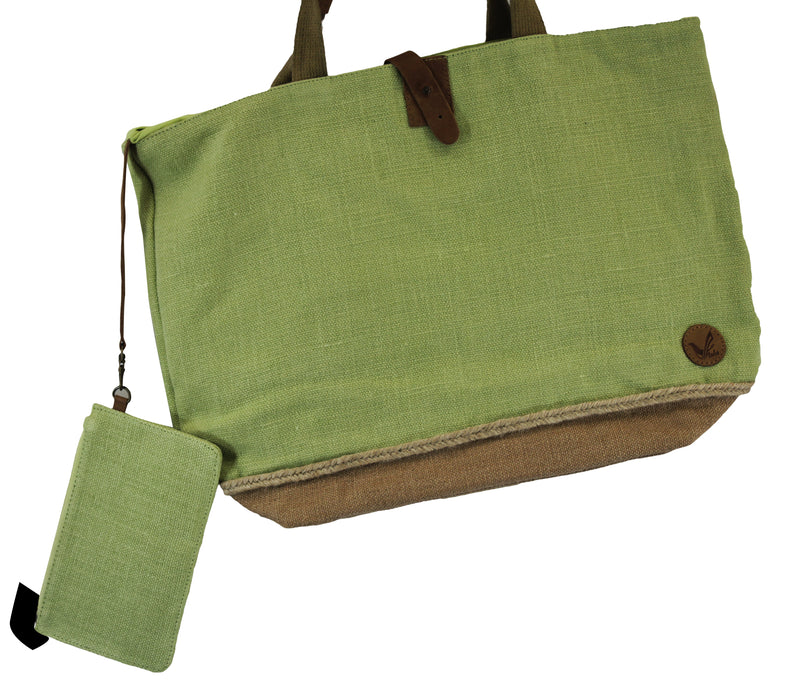 Two-Tone Leather Handles Organic Cotton-Jute Tote Bags with Coin Pouch