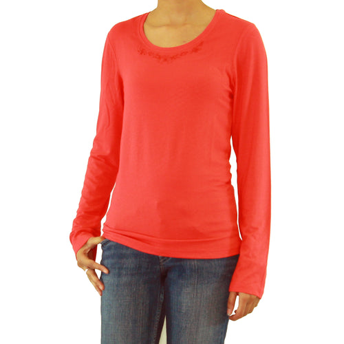 Womens Long Sleeve Round-Neck T-Shirt with Embroidery
