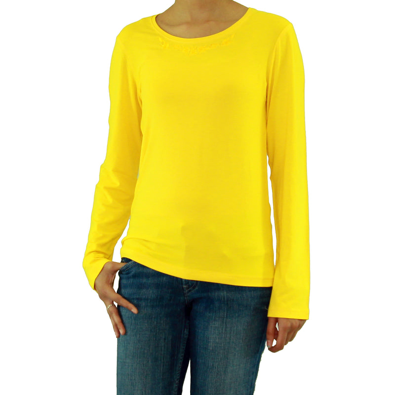 Womens Long Sleeve Round-Neck T-Shirt with Embroidery