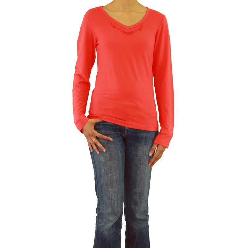 Womens Long Sleeve V-Neck T-Shirt with Embroidery