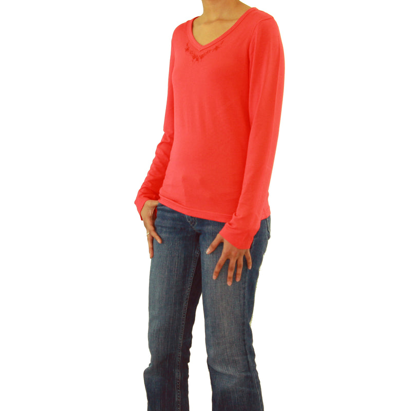 Womens Long Sleeve V-Neck T-Shirt with Embroidery