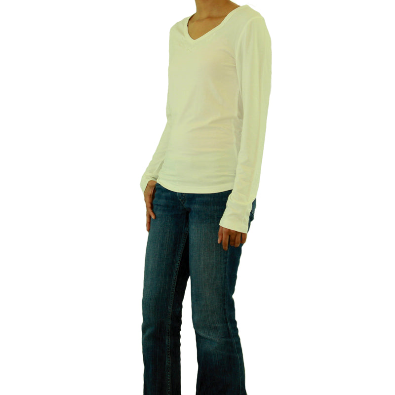Womens Long Sleeve V-Neck T-Shirt with Embroidery