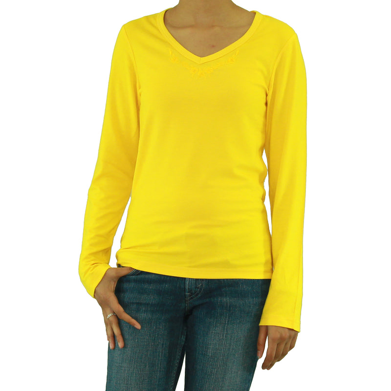 Womens Long Sleeve V-Neck T-Shirt with Embroidery