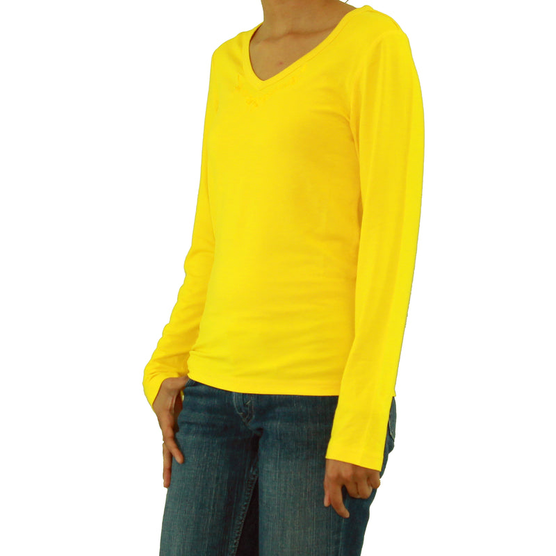 Womens Long Sleeve V-Neck T-Shirt with Embroidery