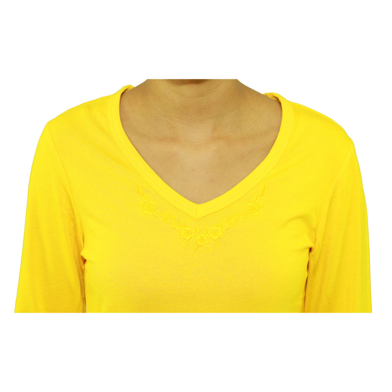 Womens Long Sleeve V-Neck T-Shirt with Embroidery