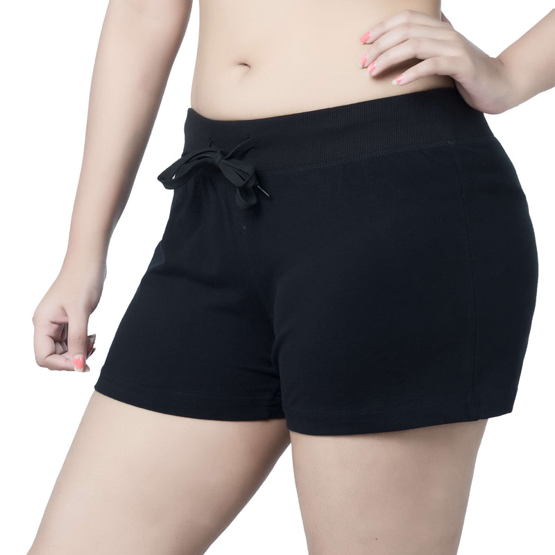 Womens Drawstring Cotton Shorts with Wide Ribbed Waistband