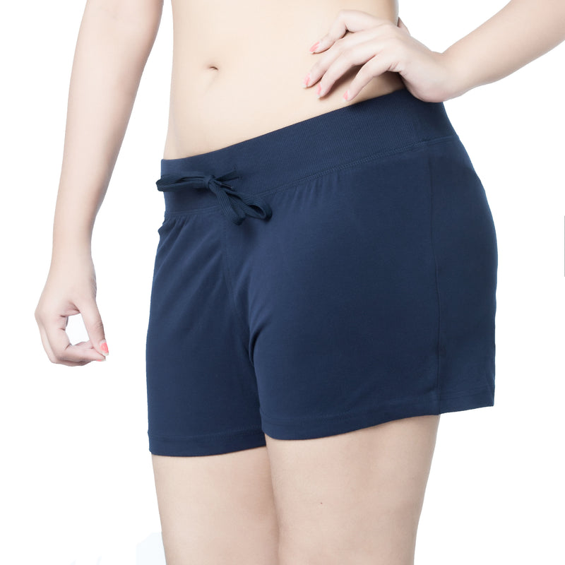 Womens Drawstring Cotton Shorts with Wide Ribbed Waistband