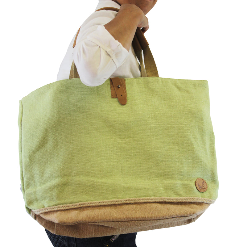 Two-Tone Leather Handles Organic Cotton-Jute Tote Bags with Coin Pouch