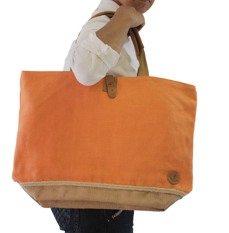 Stylish Ladies  Jute-Cotton Two-Tone Tote Bag with Leather Handle and Coin Pouch