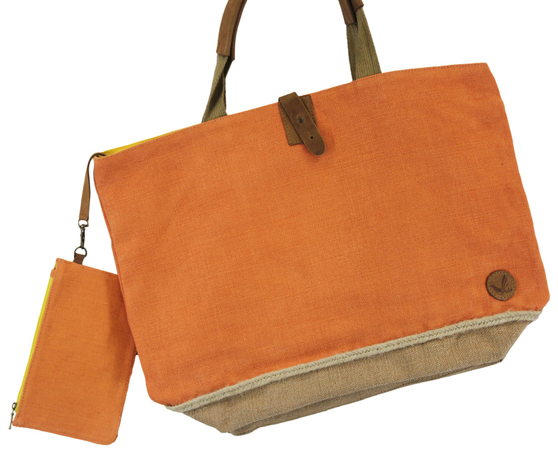 Two-Tone Leather Handles Organic Cotton-Jute Tote Bags with Coin Pouch